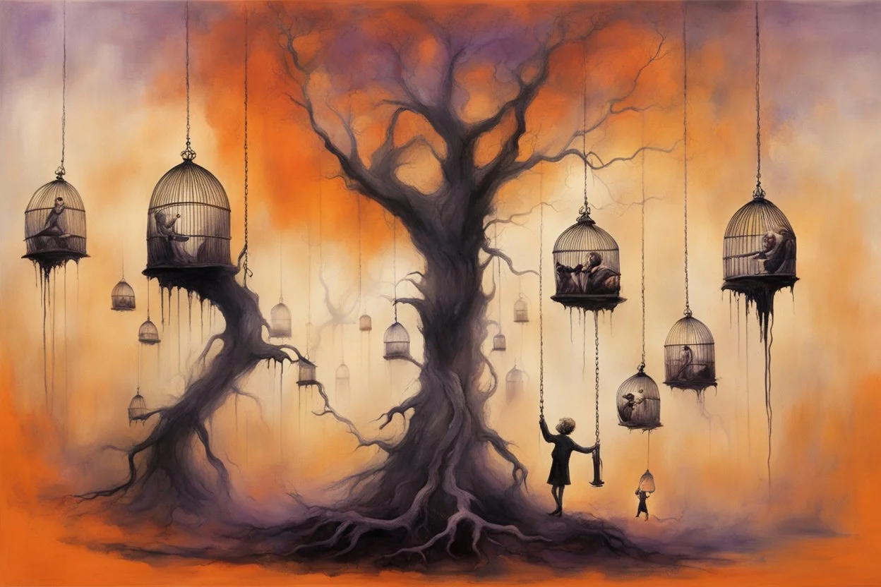 my hands swinging down like hooks to pull dreams up out of their cage, surrealist art, by Alexander Jansson, by Stephen Gammell, volumetric lighting, smooth beautiful, warm colors, orange-black-violet color scheme.