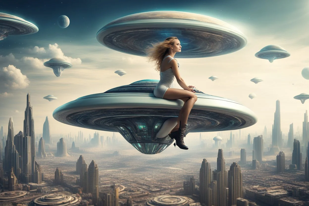 beautiful woman riding flying saucer over future alien city
