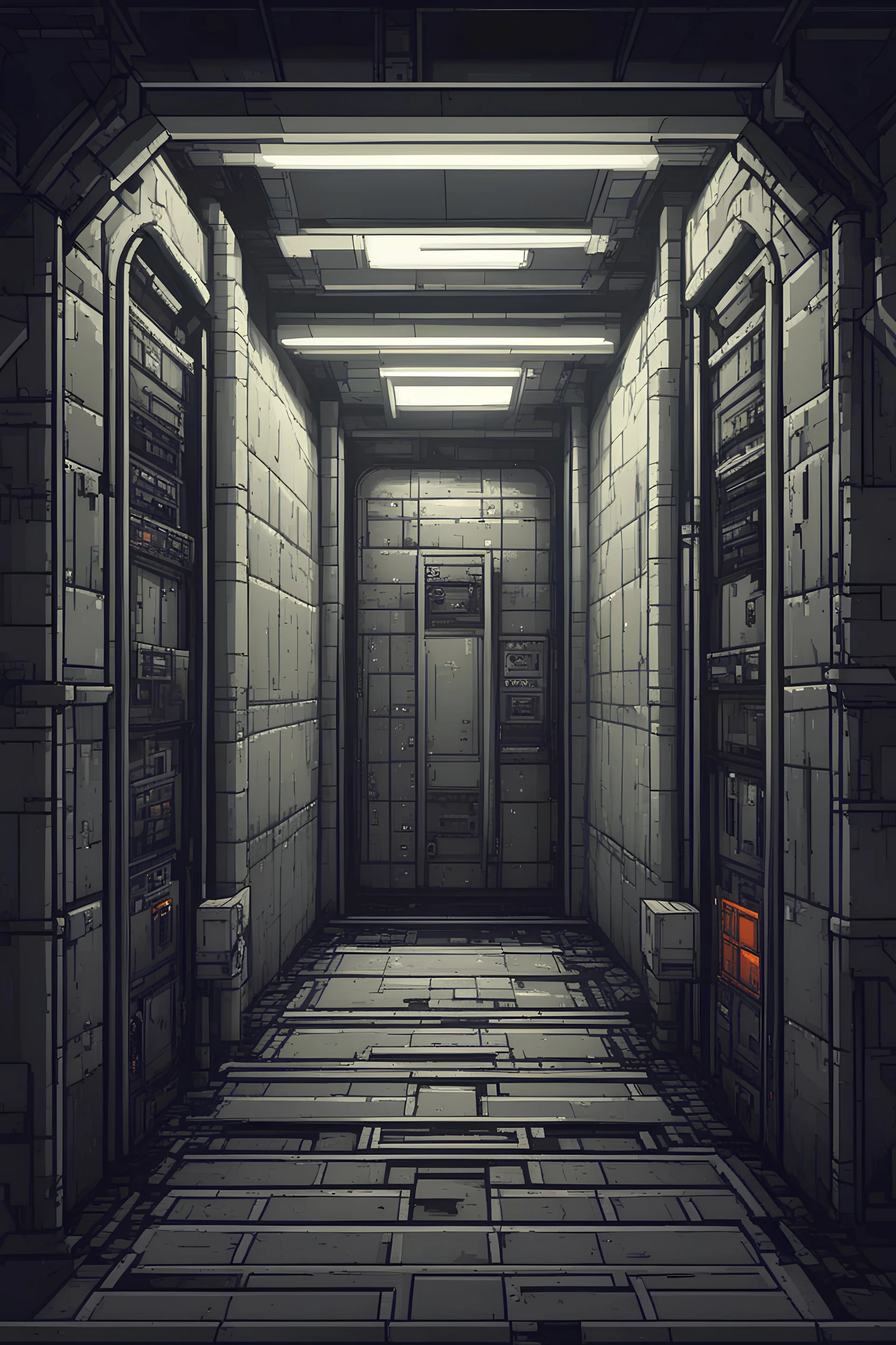 background, abandoned elevator tunnel inside laboratory bunker for asset video game pixel art 2D view, platformer, tileset no need of bottom and up only left and right walls are needed