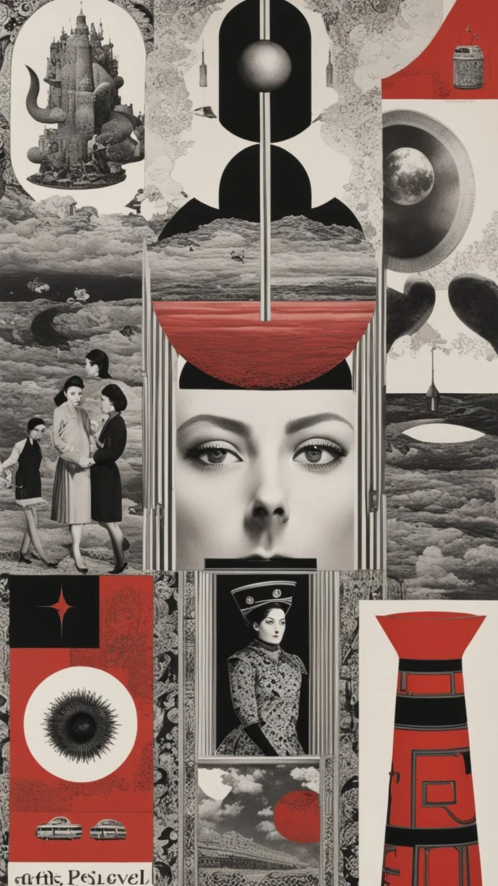 surreal collage art crafted from vintage persian magazines poster Novell , art composition by kusama, sci-fi elements , Alice's Wonderland, black and white and deep red