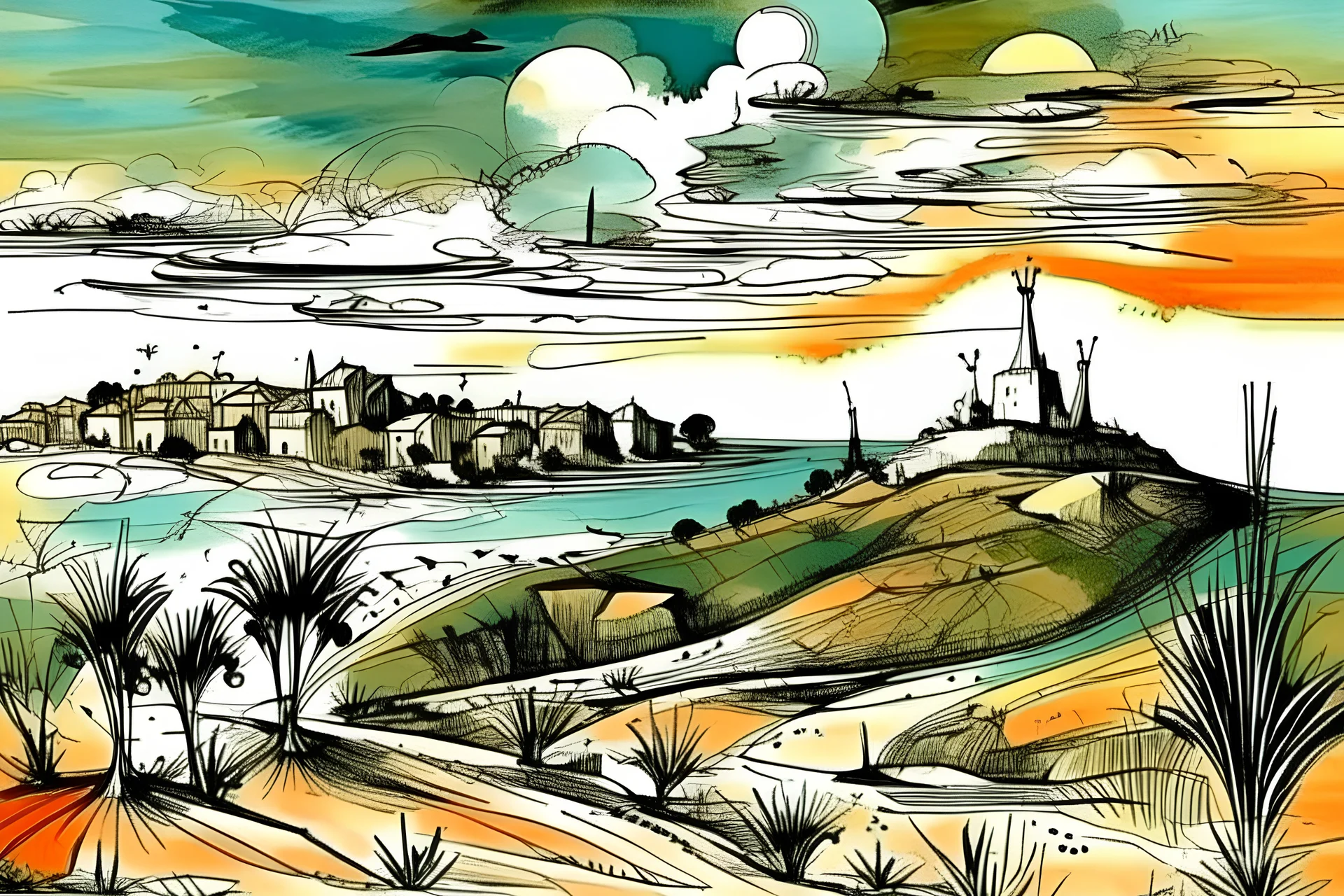 watercolor ,landscape, detailed, colorize, white background, in the style of Pablo Picasso