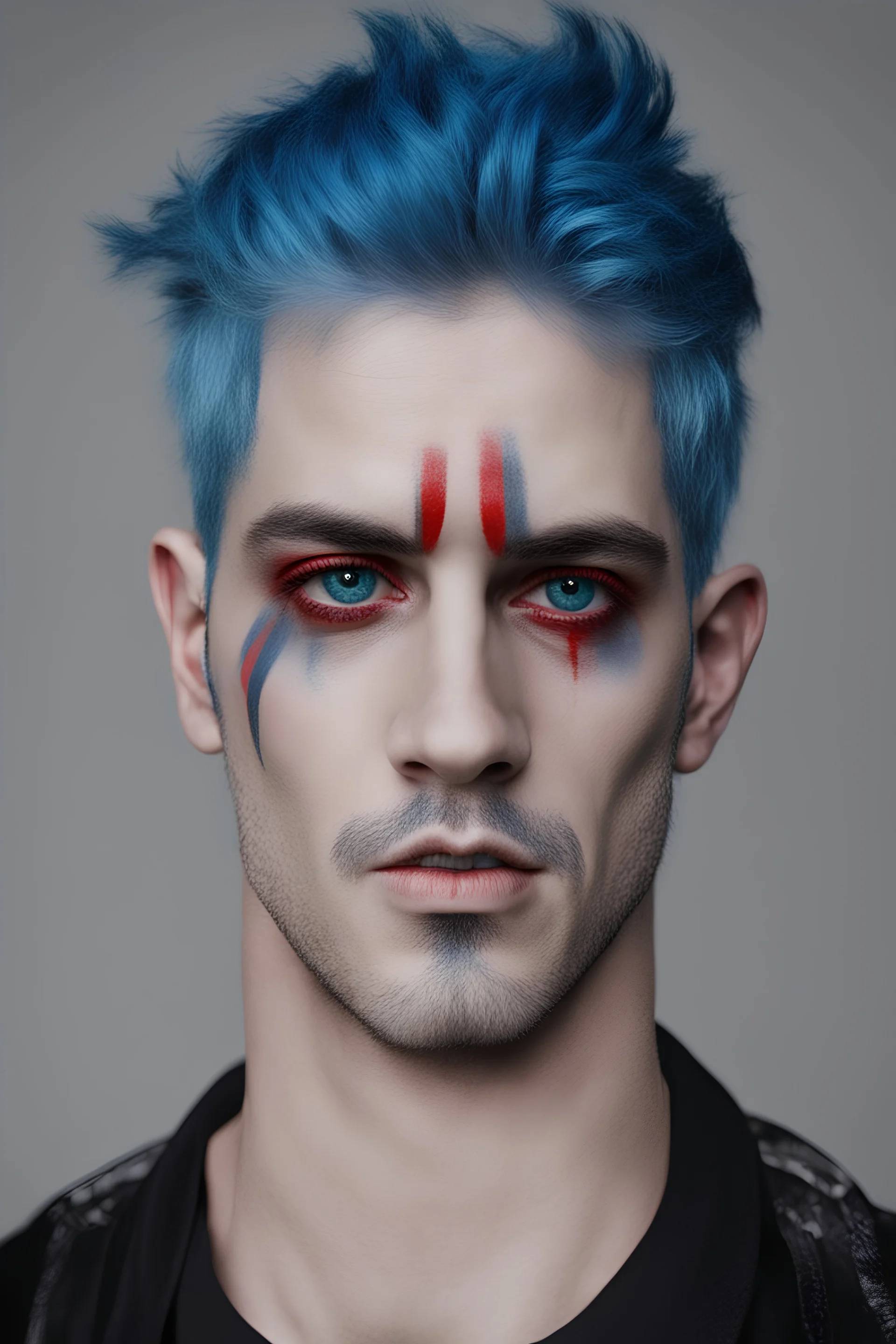 A man with blue hair with black stripes and red eye color