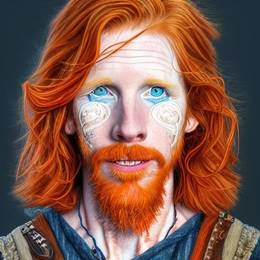 Portrait of Courtney Gains as a ruggedly handsome but joyful roguish pirate, charismatic, attractive male, masculine, perfect, precisely detailed, lightly freckled face, highly detailed clear blue eyes, meticulously detailed multi-hued ginger carrot colored cherry fire red hair; Malachai of the corn; fantasy, intricate, elegant, highly detailed, digital painting, artstation, concept art, matte, sharp focus, illustration, art by artgerm and greg rutkowski and alphonse mucha