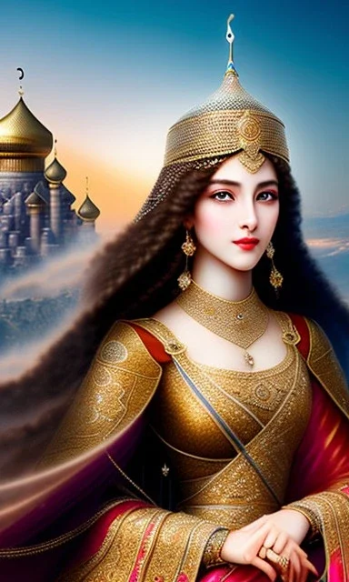 An Arab princess from the Mamluk era, beautiful, heavy hair, long hair, curly hair