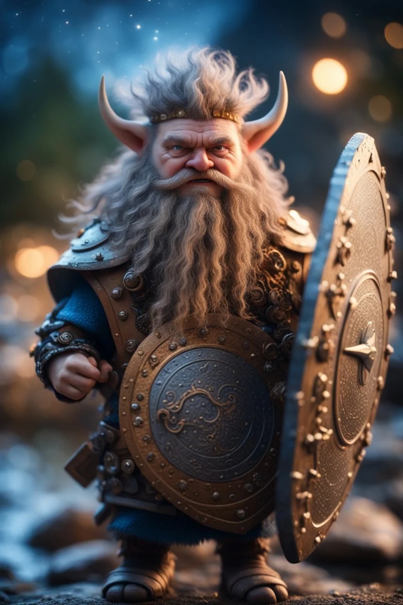 elven gremlin viking with wild hair and big holy ornamented shield Under stjerners gnist Vi går som ett, vår tro et løfte ,bokeh like f/0.8, tilt-shift lens 8k, high detail, smooth render, down-light, unreal engine, prize winning