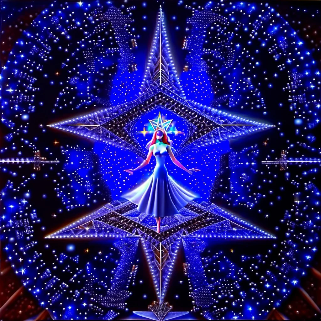 A surreal cosmic scene featuring an elegant woman in a flowing lavender and blue gown standing at the center of a massive five-pointed star-shaped platform floating in deep space. The star is constructed from intricate architectural elements - miniature buildings, geometric cubes, and stone blocks arranged in a mosaic pattern. Golden luminous trails and swirling energy ribbons spiral around the star's points. The background features a breathtaking nebula with purple, pink, and blue cosmic clouds