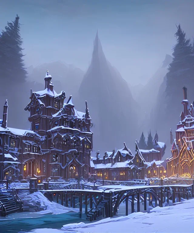 A magical snowy warlock castle with river canals and a large Christmas tree