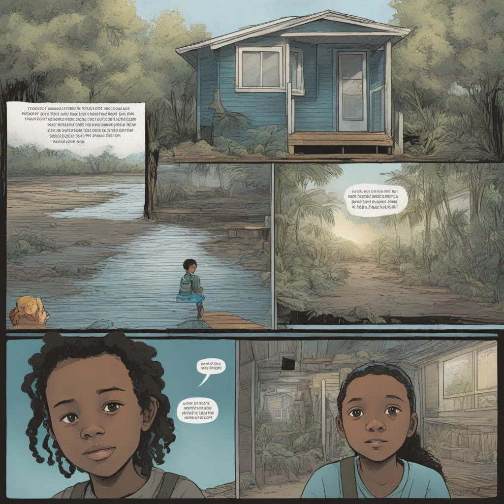 **Content Art:** A graphic novel that follows the journey of a family displaced by a hurricane, showcasing the challenges they face while also underscoring the importance of respecting human rights and providing safe havens for those affected. **Appearance:** Gender neutral art ideas encapsulating the essence/elements of relief measures, rescue operations, and the importance of upholding the core values of humanitarian and civilian laws before/after the effects of typhoons, cyclones, tornadoes,