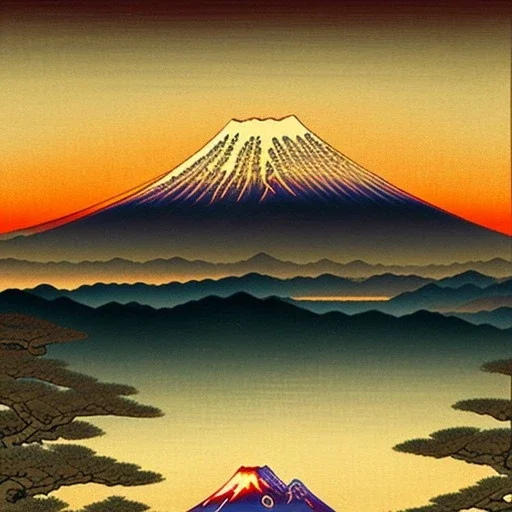 Ukiyo-e painting of a mount fuji at sunset