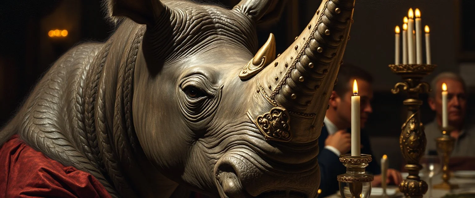 close up portrait painted by Rembrandt, stupid looking furry dragon rhino at banquet