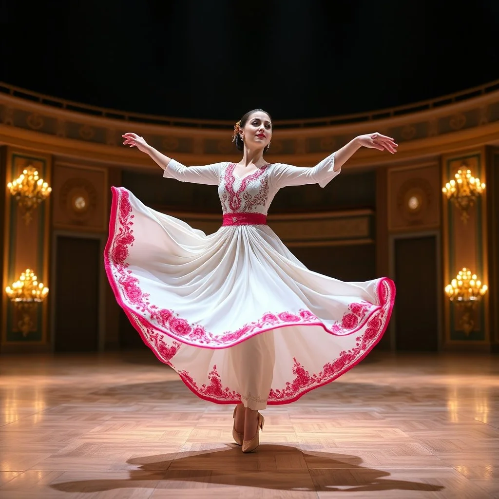 For a known Azeri female dance choreography, the most iconic and recognizable style is the **"Naz Elama"** or the **"Lale" (Tulip)** dance. These dances are characterized by fluid, swan-like arm movements, intricate hand gestures, and a very smooth "gliding" step where the dancer appears to float across the floor. in a modern huge stage in a royal hall