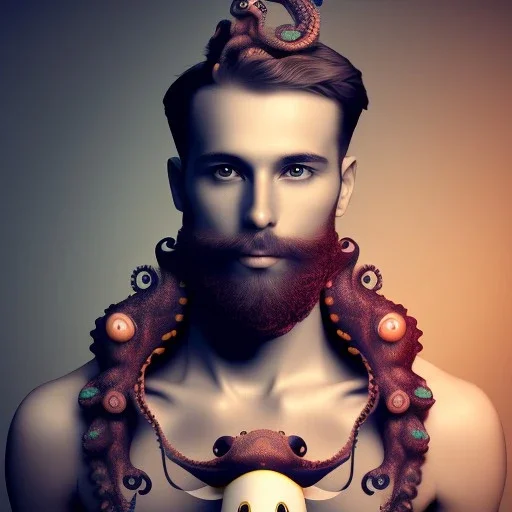 a masculine brunette gay austrian man with octopus plushie on head