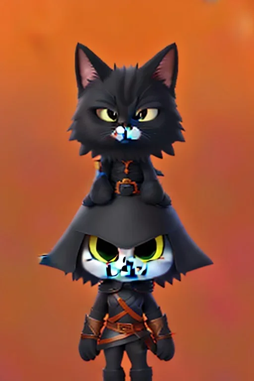 cat 2d, knight, ninja, black fur,full body, orange torn coat,game character, strong, anime, chibi