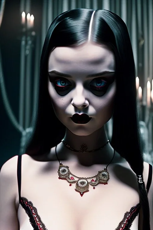 mdjrny-v4 style, wednesday addams in sexy lingerie, horror film by tim burton, cinematic lighting, Hyperrealism, 8k uhd