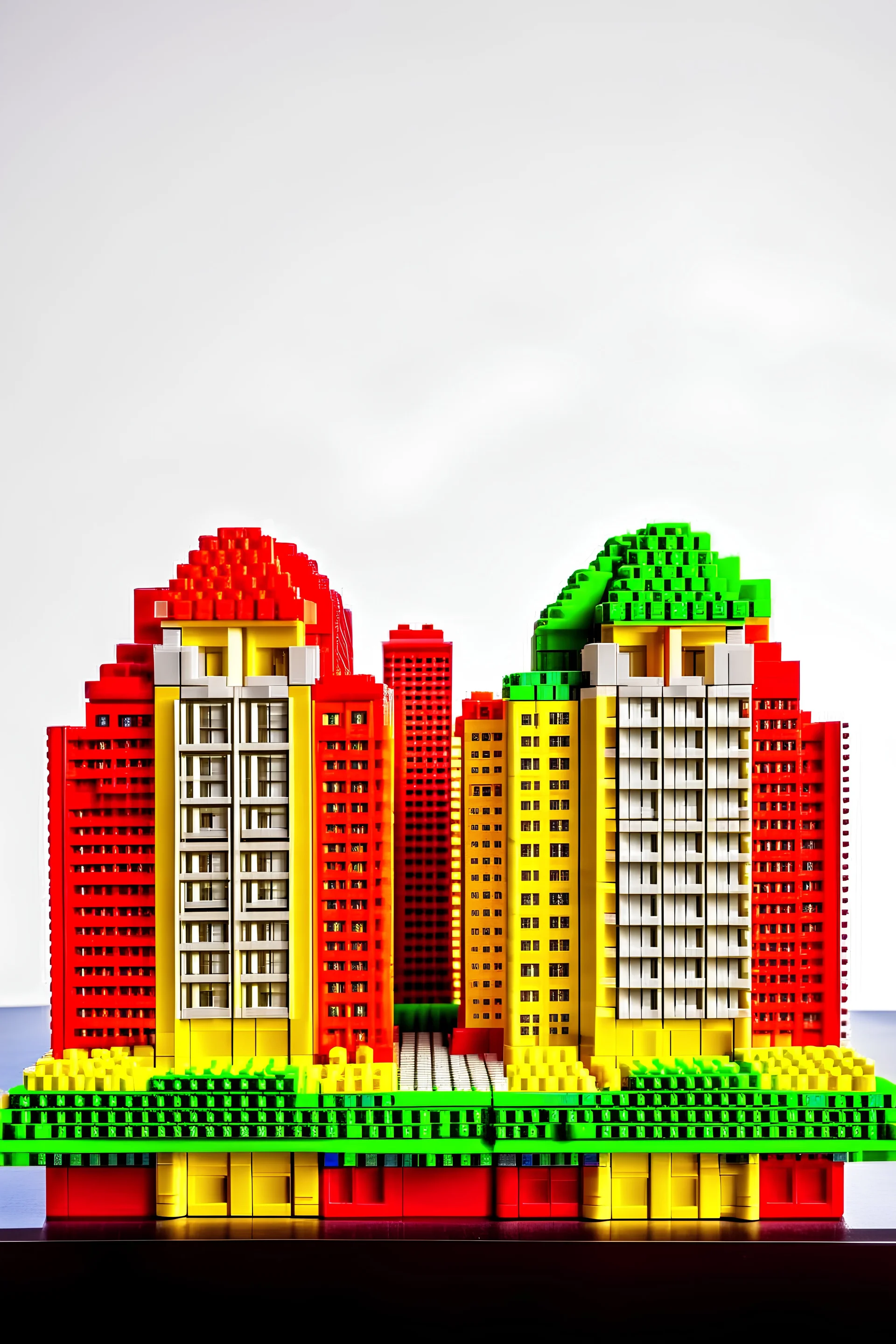 Two buildings side by side built out of legos, the buildings both are the shape of the capital letter B