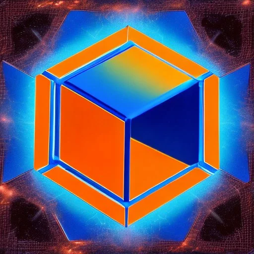 a blue metallic 4d cube inside a 4d orange rotating cube in a 4 dimension environment