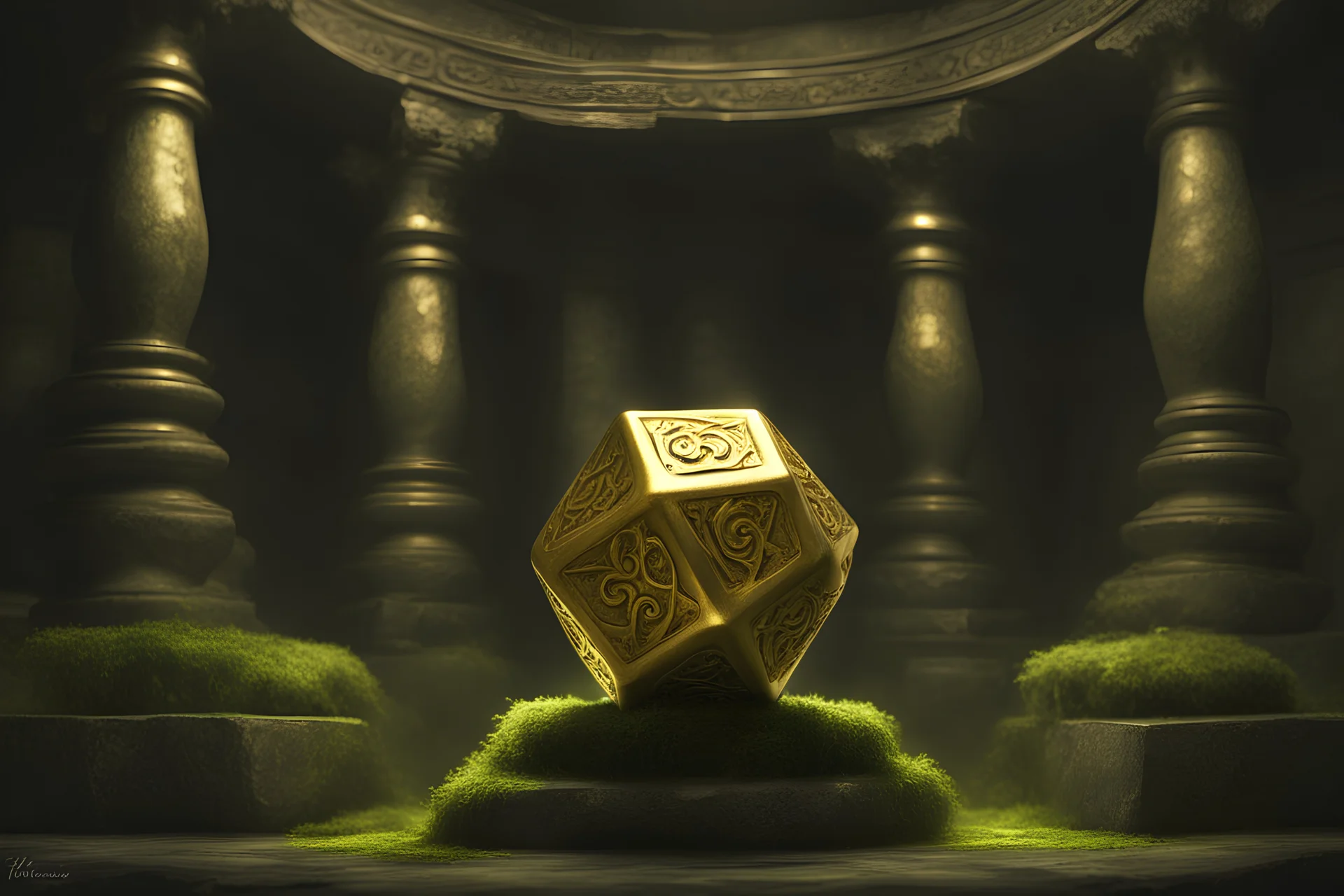 gold d20 on a stone pedestal with spotlight in an ancient mossy temple fantasy art