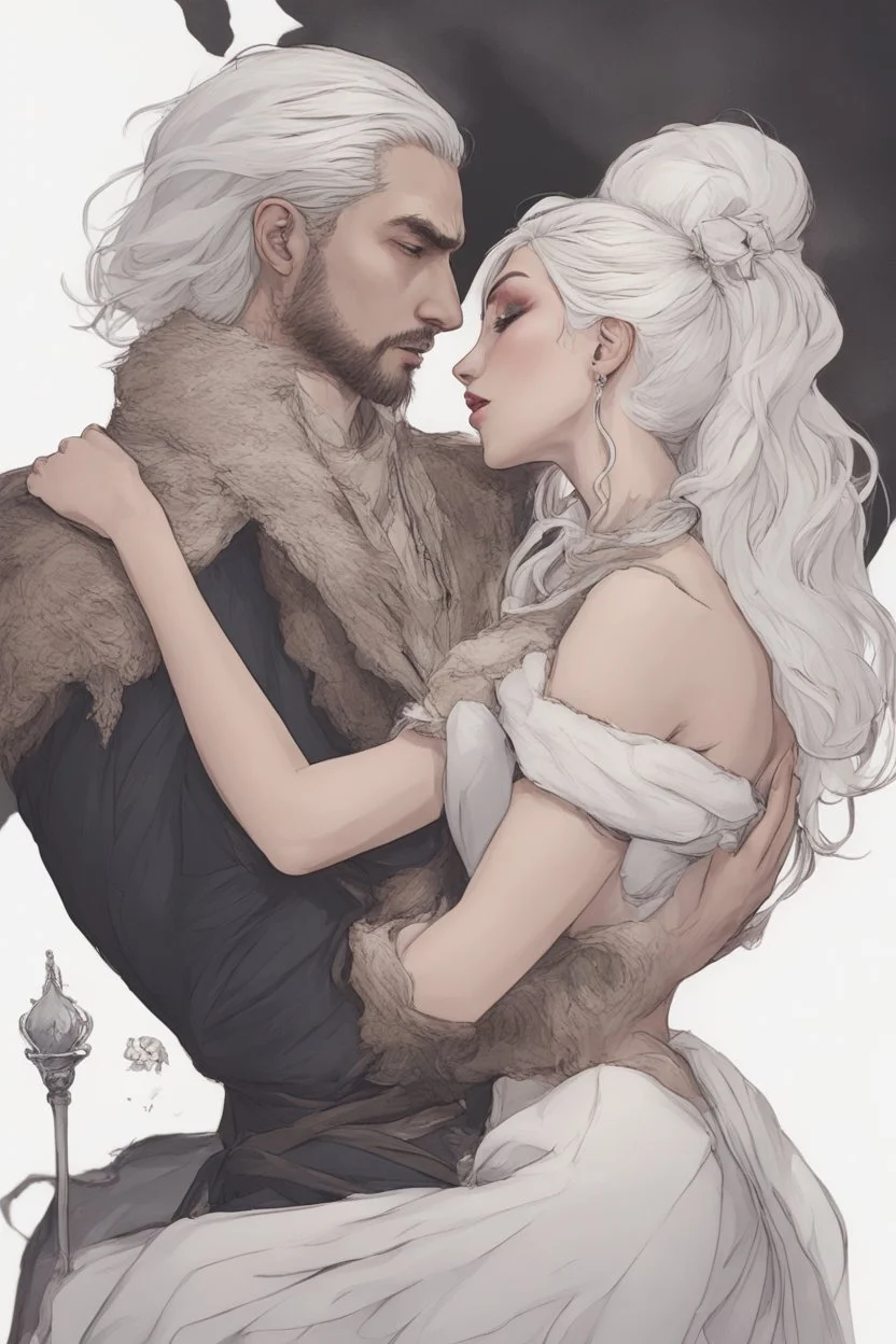 Strahd Von Zarovich being kissed sweetly by a beautiful woman with white hair, wearing an off the shoulder dress. Settling and background are a lavish toomb with an ebony coffin.