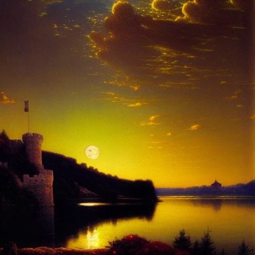 Drawing of 'Medieval Romanian Castle',mountain,lake,full moon, by gaston bussiere, greg rutkowski, yoji shinkawa, yoshitaka amano, tsutomu nihei, donato giancola, tim hildebrandt, oil on canvas, cinematic composition, extreme detail,fit full head inside picture,16k