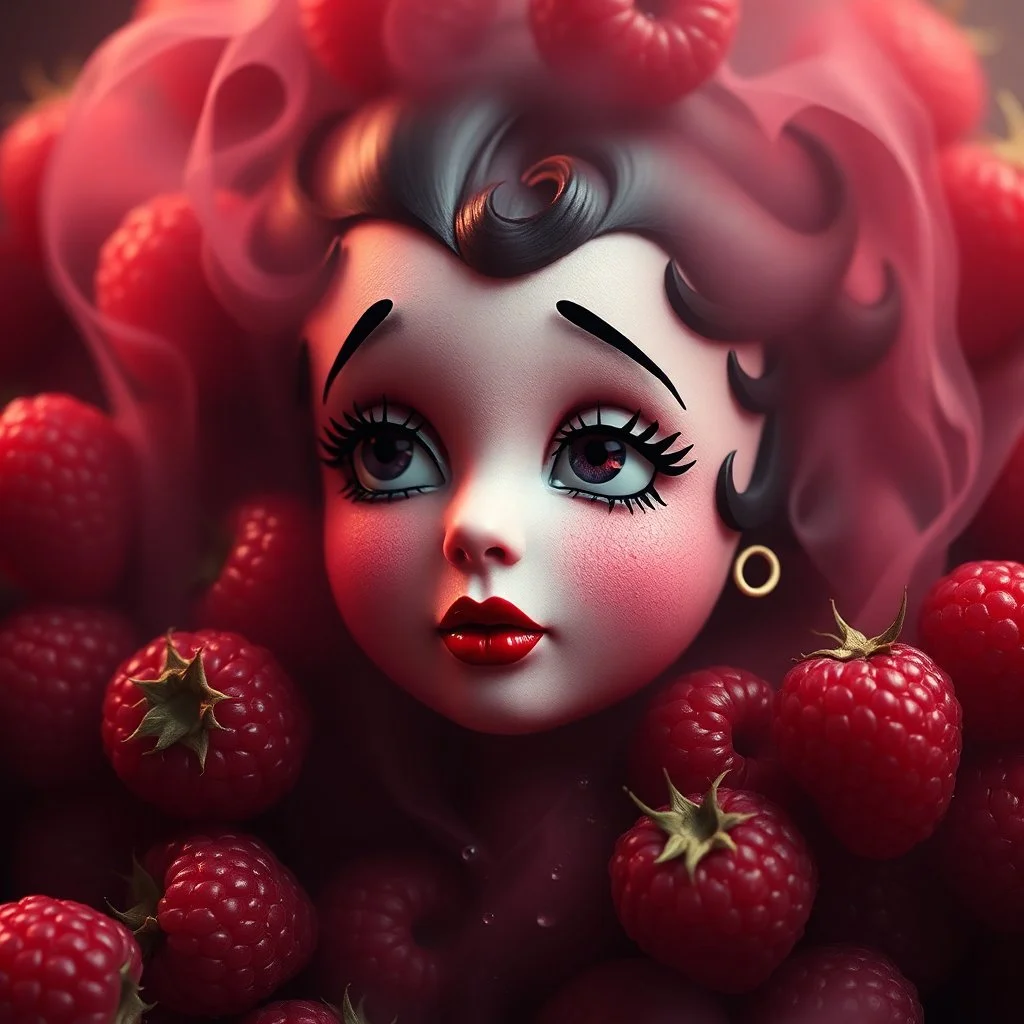 Moist Anthropomorphic red raspberry that has the face of Betty Boop subtly blended into it, hyperreal, profound, concept art,