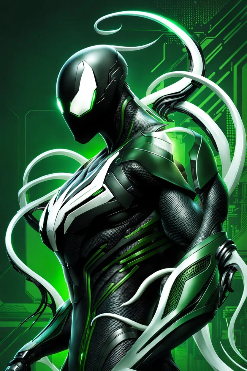 Cyborg symbiote, white color, green color, tendrils, high tech, cyberpunk, biopunk, membrane wings, carbon fiber, cyber tentacles, and the other two.