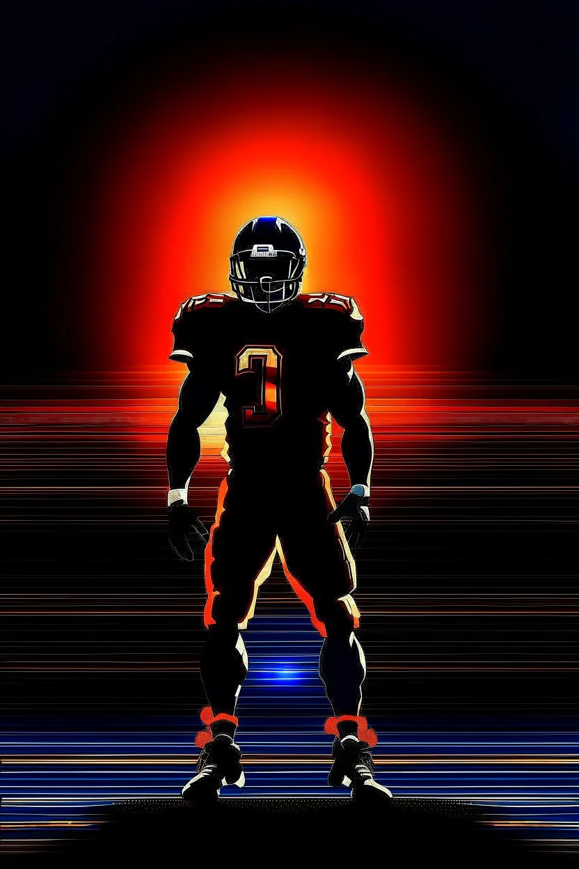 the menacing Silhouette of a football linebacker, the background on the left is red at the top and fading to black at the bottom, the background on the right is orange at the top and fading to dark navy blue at the bottom, background also has stadium lighting and the receding lines of a football field, NFL background