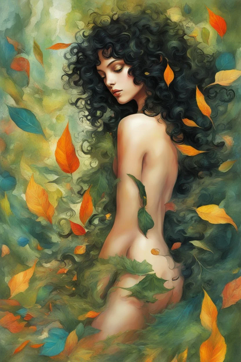 abstract creation of a beautiful girl with black curly hair, surrounded by forest leaves, wrapped around her beautiful body ,glass petals on the ground, summer and bright colours, chaos,