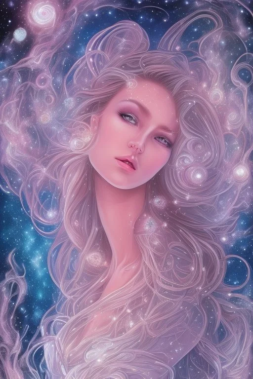 Create an image of a full body cosmic Goddess. The goddess should be depicted as a beautiful and powerful figure, surrounded by cosmic stars. Her hair should be long, blond and flowing, and she should be dressed in a flowing gown blue celestial robe. In the background, include imagery of pink flowers, blue sky,trees. The image should evoke a sense of joy, celebration, and spiritual connection to nature.