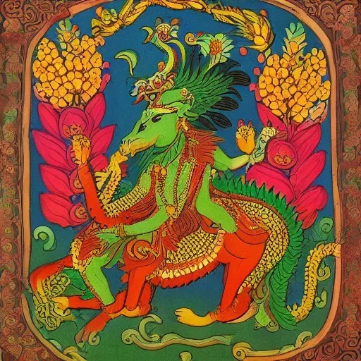 indian god of flowers and fruits riding on a dragon