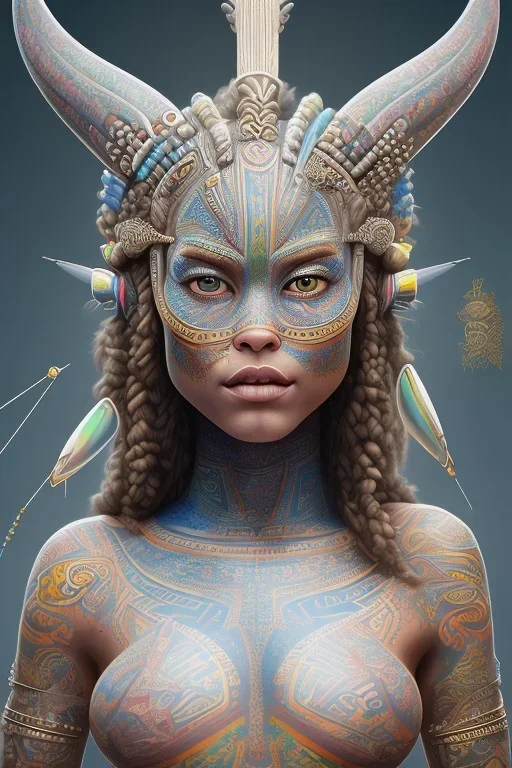  Photorealistic painting Portrait voluptuous female Maori Chief iron maiden rainbow Maori tribal tattoos, bow with arrows, full detail, 8k Neko Erokawa, style of Zootopia