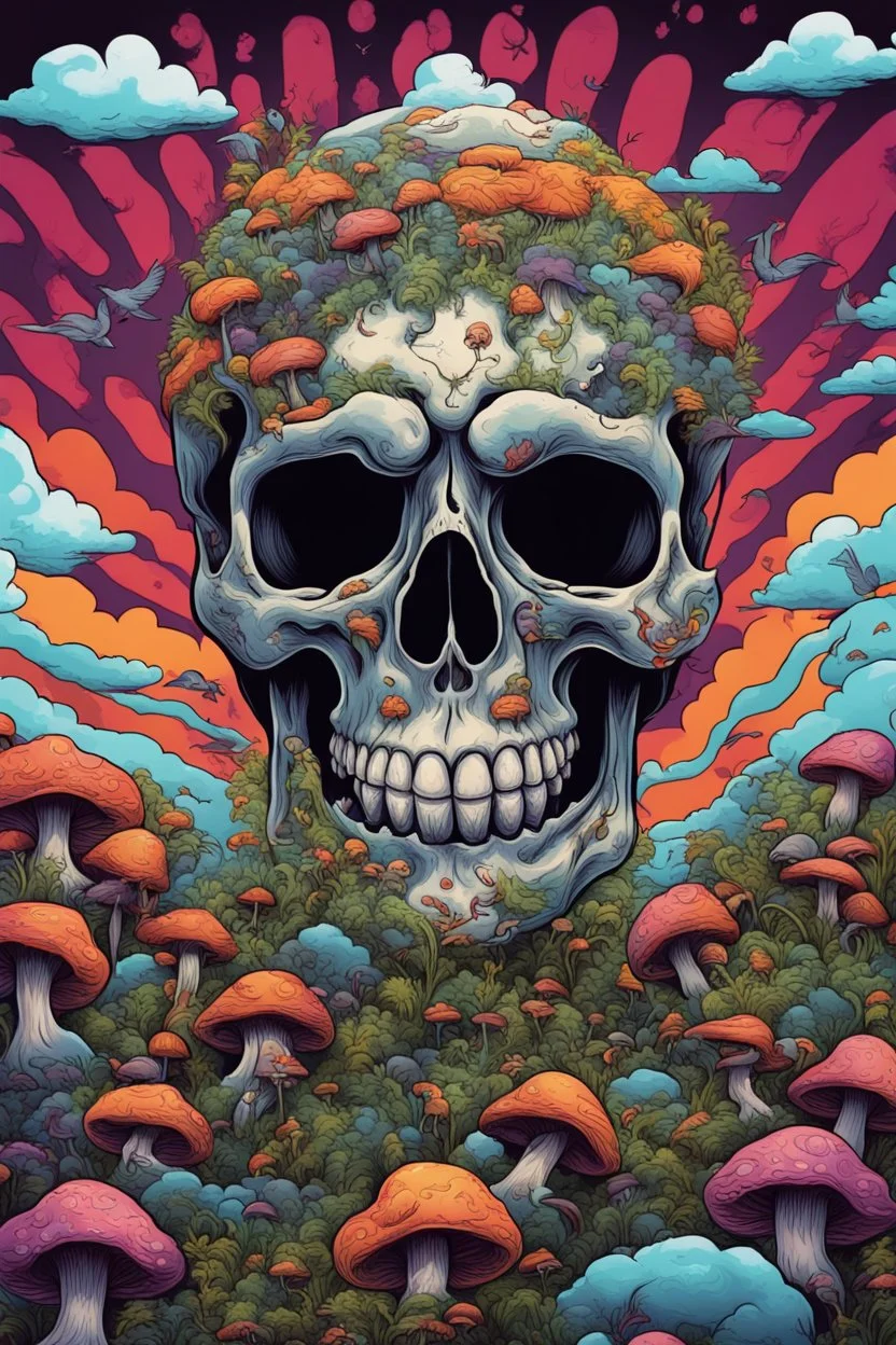 Psychedelic skull looking high and grinning, surrounded by clouds and overgrown with psychedelic mushrooms. Birds flying around the skull. Digital drawing. Colorful. t-shirt design. Cartoon. Digital cartoon. Mid detailed. Super happy. Cheerful. Light hearted. Colorful. Vibrant colours.