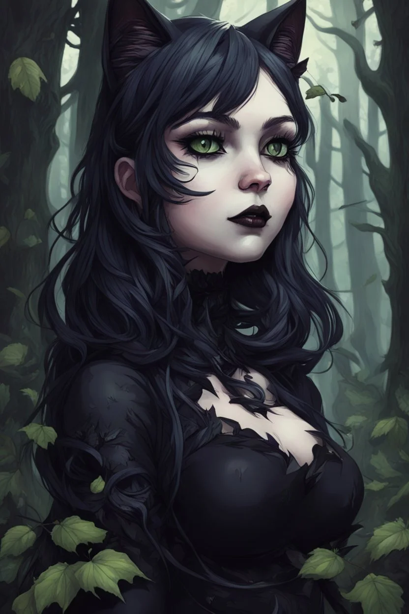 CAT GIRL, goth, forest, nature, cartoon, leaves, boobs, portrait, colour image