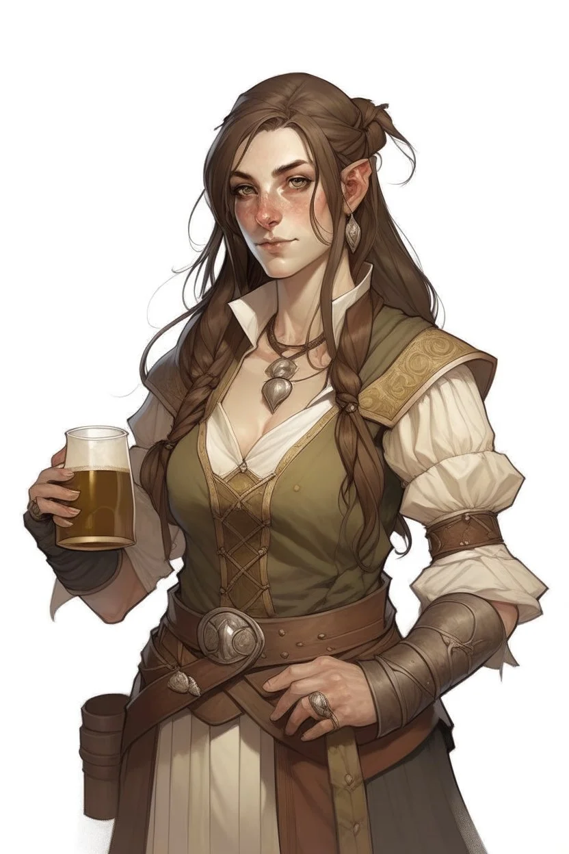 old tall broad female half elf tavern owner fighter with brown hair dnd