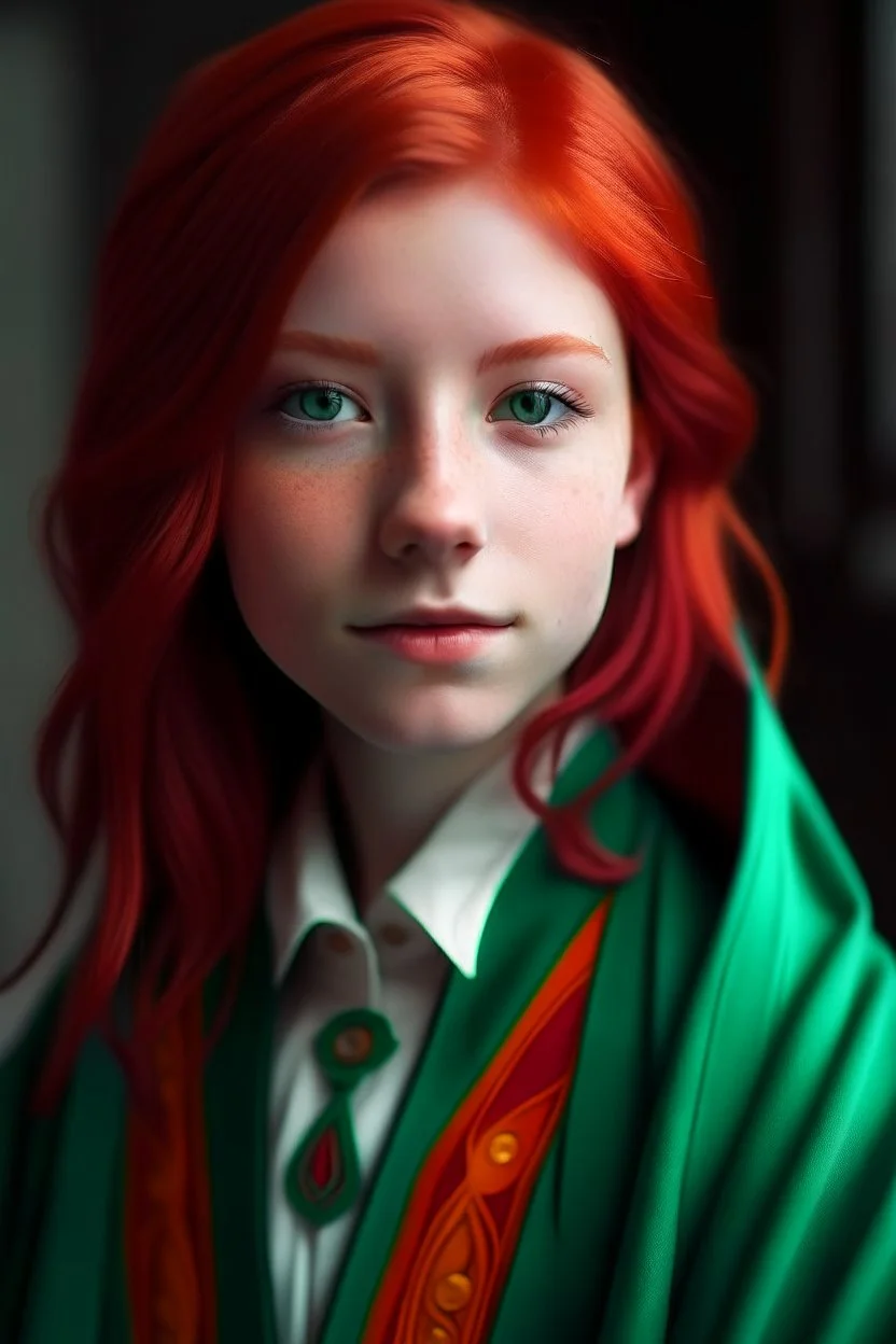 A girl with red hair and green eyes and she is wearing a Hogwarts robe