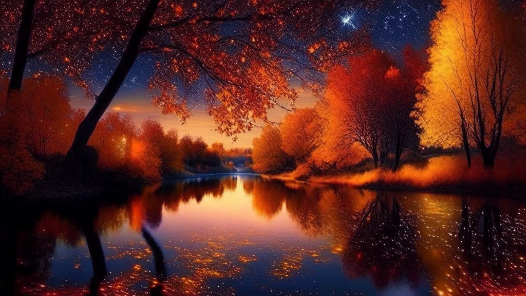 River, trees with golden and red leaves, autumn, a beautiful night sky, visible galaxies