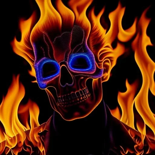 Ultra detailed fullbody Portrait in oil on canvas of GhostRider on fire ,extremely detailed digital painting, extremely detailed face,crystal clear eyes, mystical colors ,perfectly centered image, perfect composition, rim light, beautiful lighting,masterpiece,8k, stunning scene, raytracing, anatomically correct, in the style of Steve Jung and robert e howard and Wizyakuza and Ohrai Noriyoshi and Simon Bisley and uncannyknack.