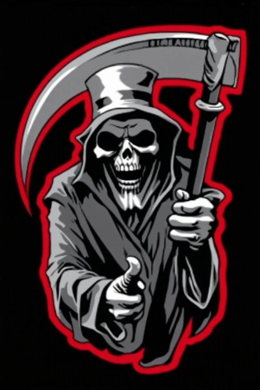 Grim-Reaper gripping scythe and pointing like uncle sam, vignette, black and white vector with a red outline, and black background, biker style
