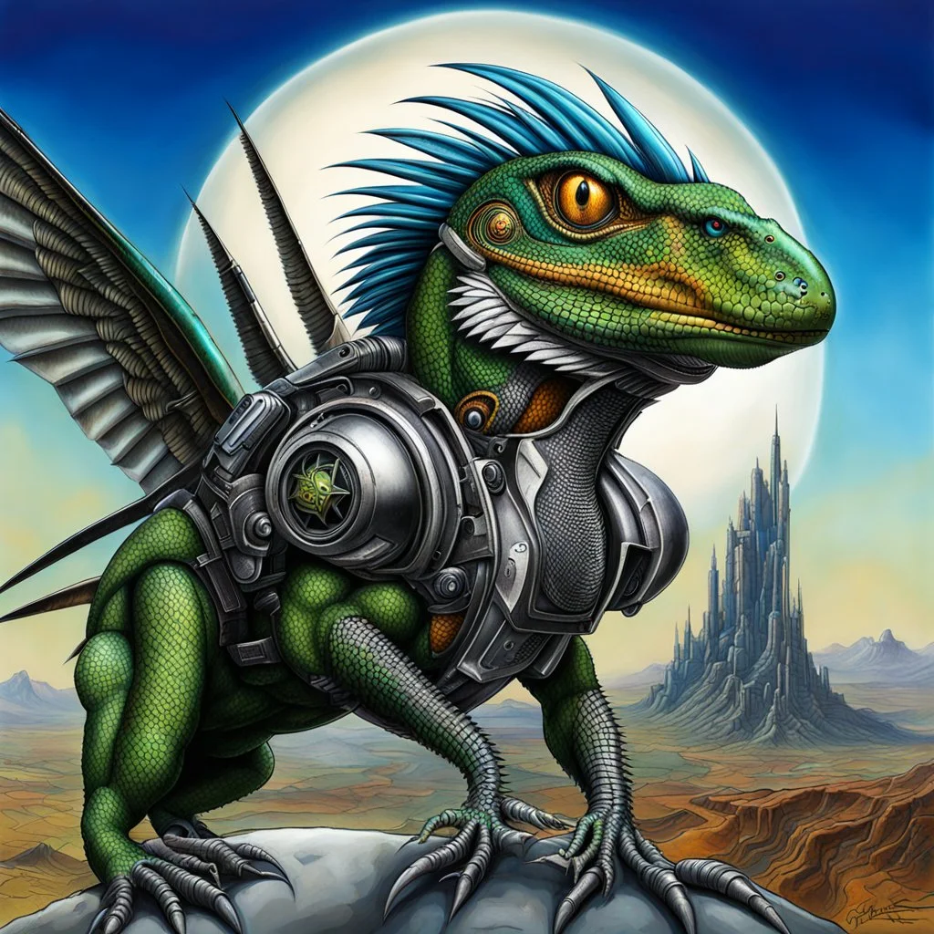 Lucky Stryker, Jet eagle lizard hybrid, biomechanical surrealism,