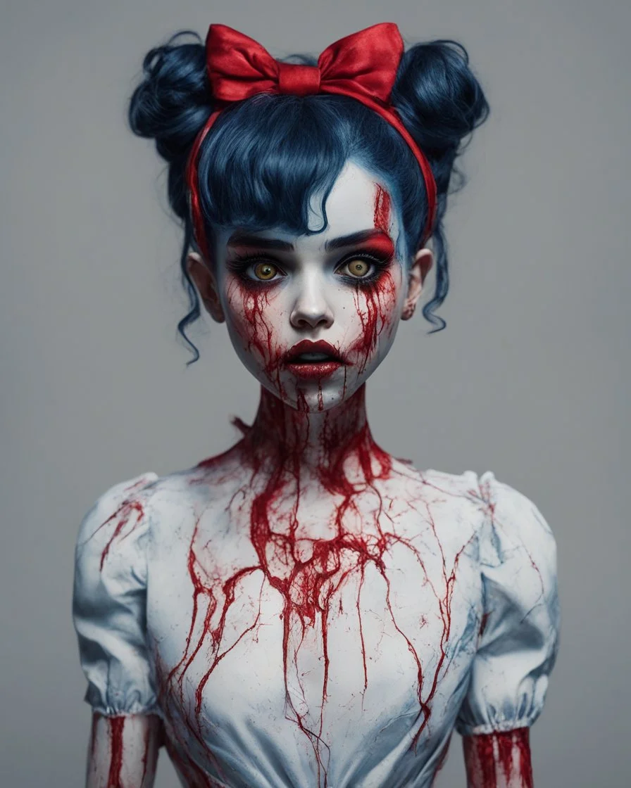 full body color, illustration of a darkblue and red tones, menacing, Singer Melanie Martinez face, as a decayed, broken, skin turned translucent, black veins that extended like roots beneath her skin, latex suit, crude homemade cloth doll toy, with a narrow cracked porcelain face, thick dark eyebrows, hair in two gradually, made from ragged strips of cloth, in the style of Alex Pardee, Tim Burton, and Nadya Sheremet