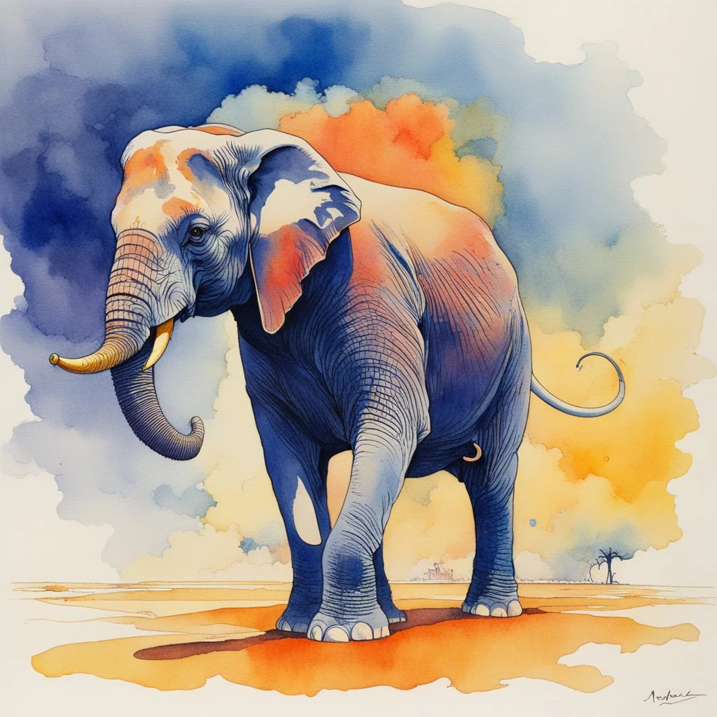 dancing elephant, aquarelle by moebius