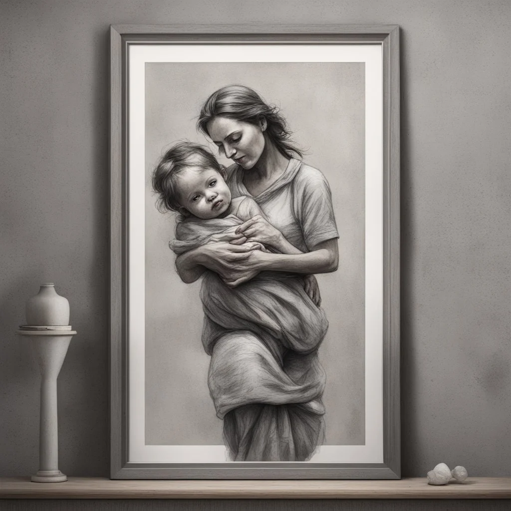 Hyper Realistic framed sketch of a mother carrying her child on a grey texture wall