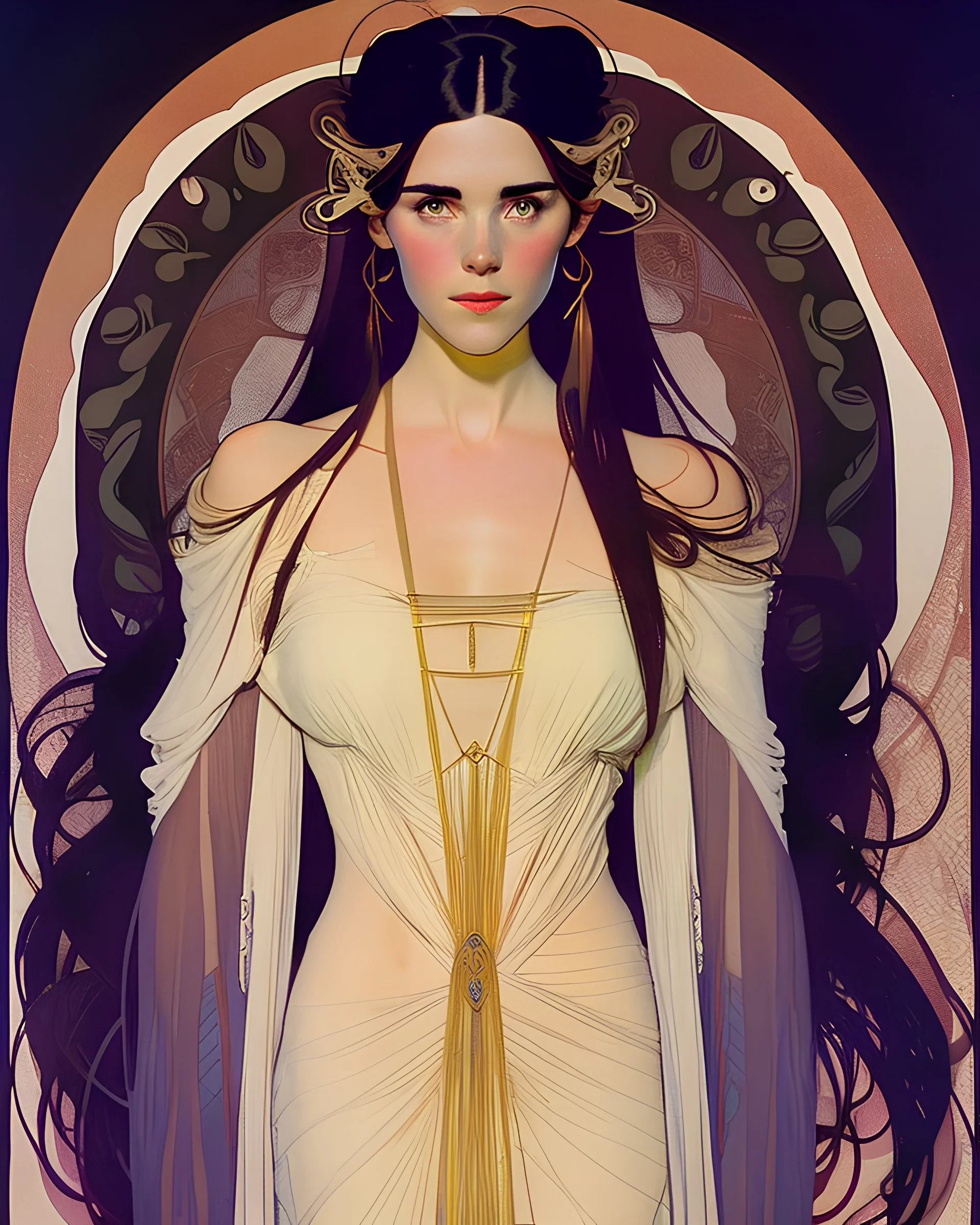 art by alfons mucha, full body image of 25-year old Jennifer Connelly