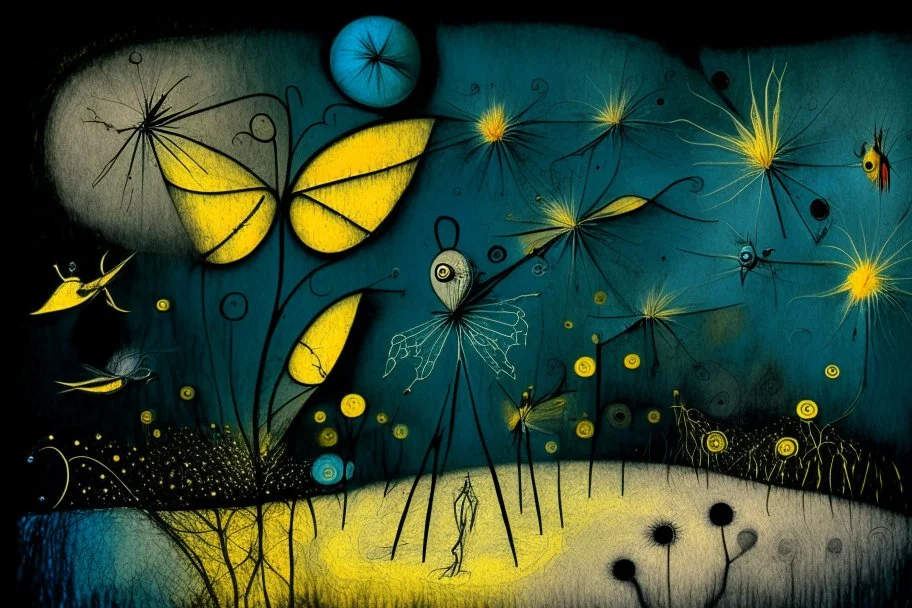 Winged fairies in a Million Dandelion dreamscape, making wishes , Salvador Dali collaboration Paul Klee and Tim Burton, Picasso's integrated flowing composition, colorized brooding grayscale balanced by many bright colorful details