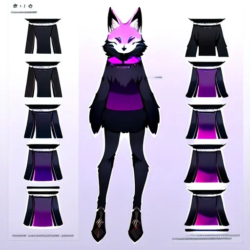 a fox fursona, darker colors, master quality, backlighting, soft lights, full body portrait, in frame, 8k, furry, fur, black and purple color pallet, fursona reference sheet,