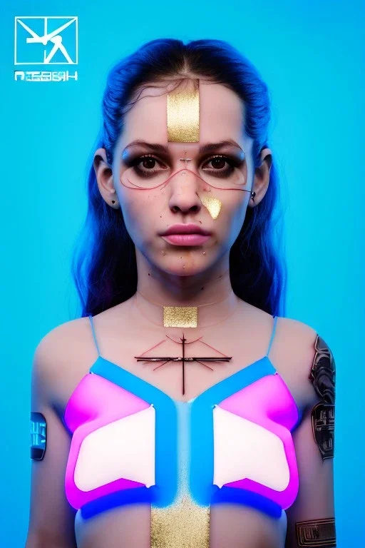 Ultra Realistic image, Rosalía artist, 40 years old, portrait, normal complexion, natural small busty, traditional little tattoo, two bows, little chopsticks hair ,black eye long liner, latex t-shirt and inflatable coat, gold pink and blue style, spray line glow make up, geometric led jewelry, fog, hot, inflatable style latex coat, vibrant color, highly detailed, art stations, concept art, smooth, unreal engine 5, god rays, ray tracing, RTX, lumen lighting, ultra detail, volumetric lighting.