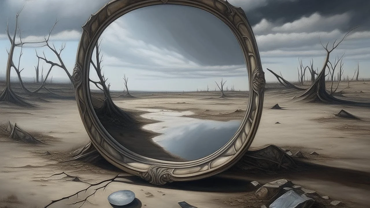 A realistic oil painting, depicting an empty mirror reflecting a vast, desolate landscape, with cracks and imperfections on the mirror's surface. The scene is eerie and haunting, with a sense of isolation and abandonment. The empty mirror symbolizes lost memories and forgotten dreams. Suffix adds a touch of surrealism, with distorted shapes and shadows in the reflection