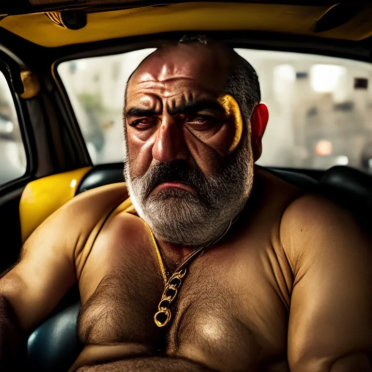 full body shot photography of an Italian sicilian taxi driver burly ugly sitting in the taxi, chubby tired 55 years old driving shirtless, bullneck, thin gold chains, short beard, sweat, short hair, bulge, robust, manly chest, looking down, big shoulders,, photorealistic, side light, ambient occlusion, tired eyes. 35mm lens, internal view inside the Taxi