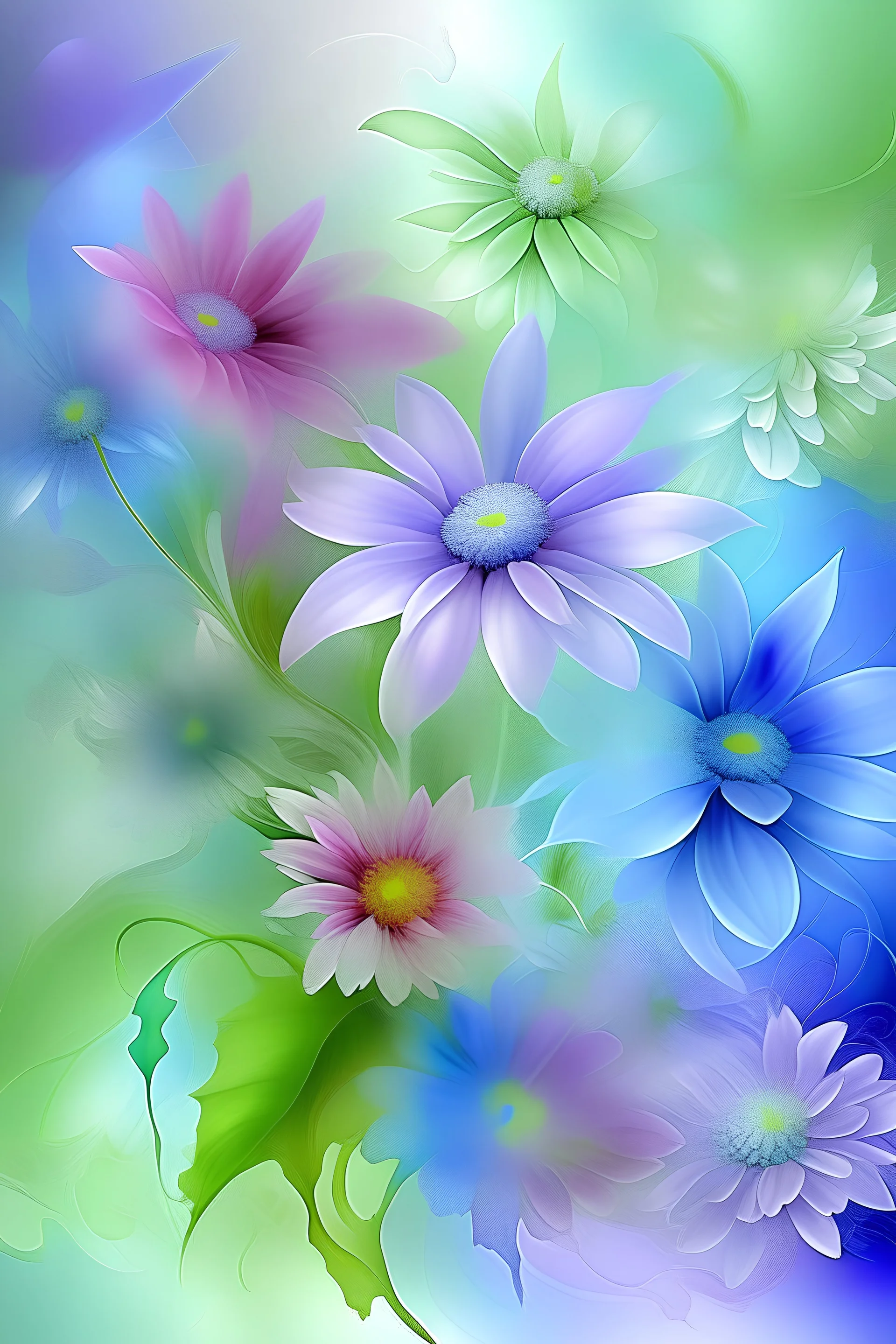 Floral fantasy on the theme of Spring, composition, bouquet of flowers, a delicate rainbow of delicate pastel flowers, the most delicate pastel colors, blue, all shades of green, lilac, pink, light tones very soft blue color, long delicate stems, leaves, thin lines very soft color , beautiful, close-up, 1024k, tender sensuality.