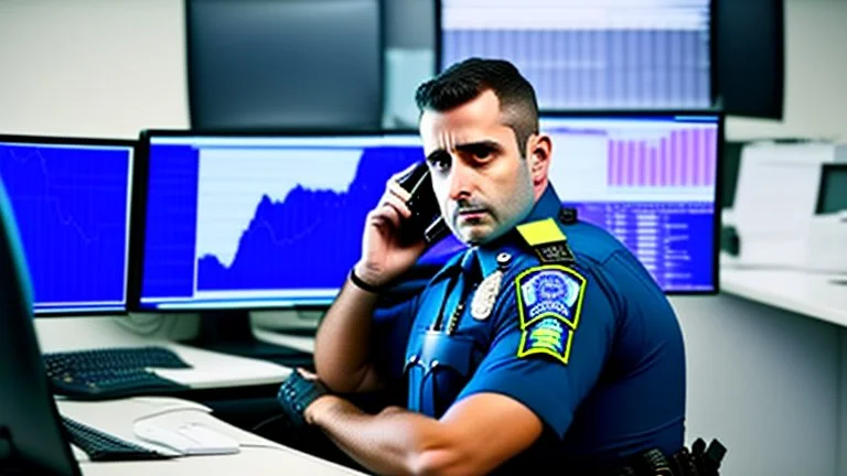 calm male cop dispatcher confused by evil virus in the phone