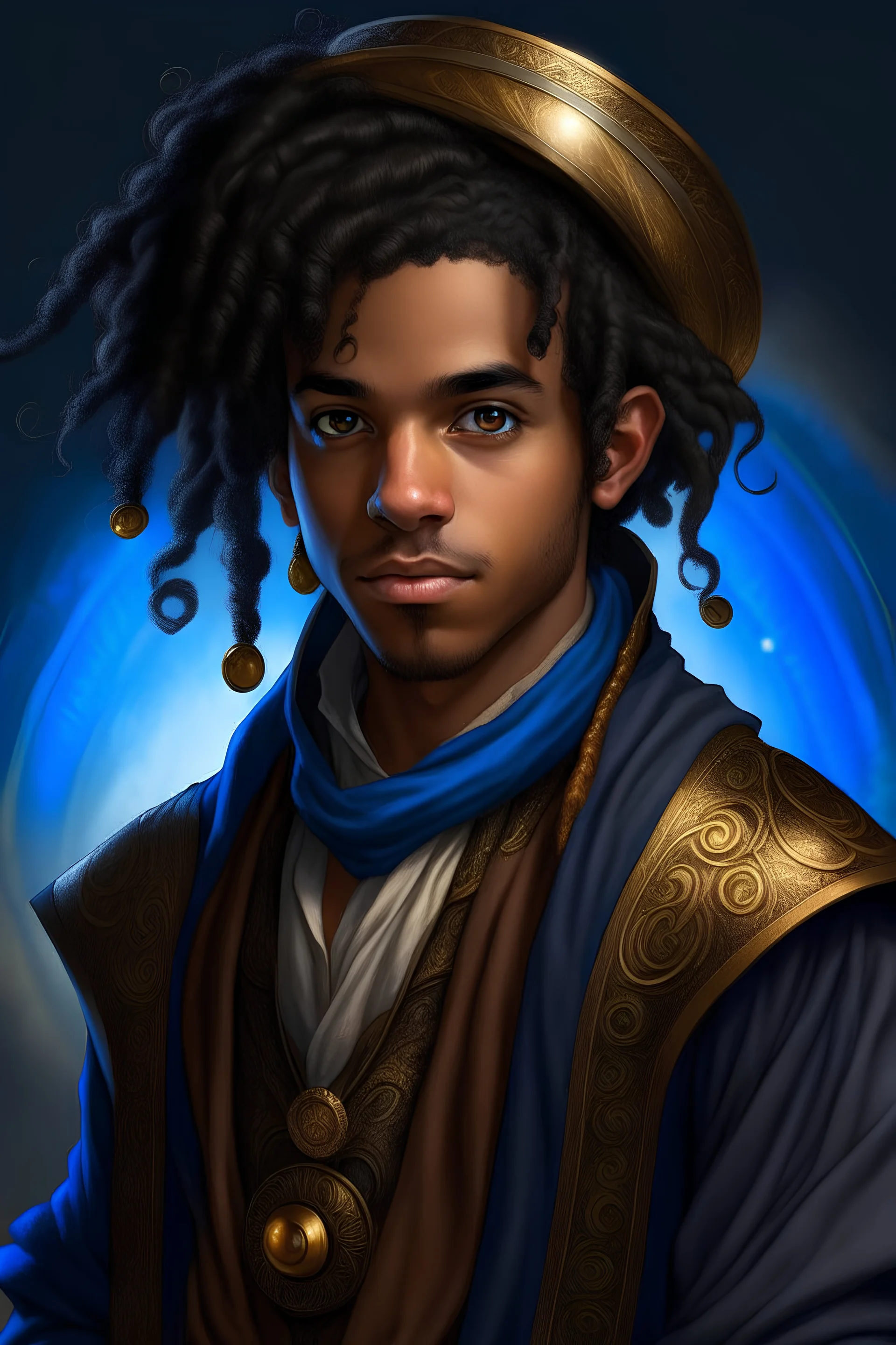young mulatto sorcerer, blue eyes, wavy black hair, dressed in a steampunk style